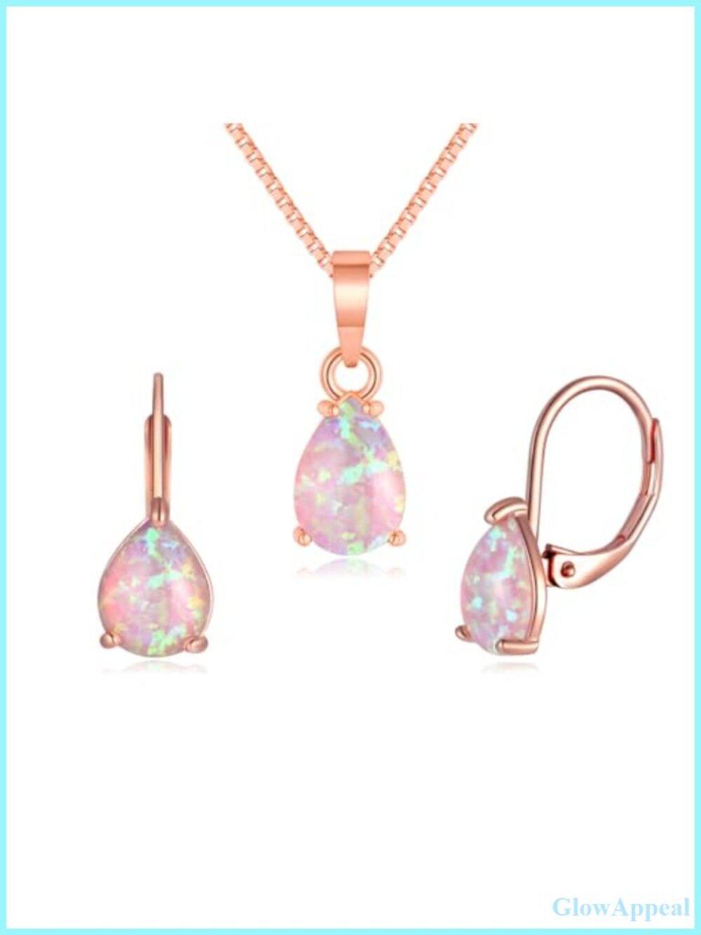 Opal Pendant Necklace Teardrop Earrings Set 14K Rose Gold Plated Women